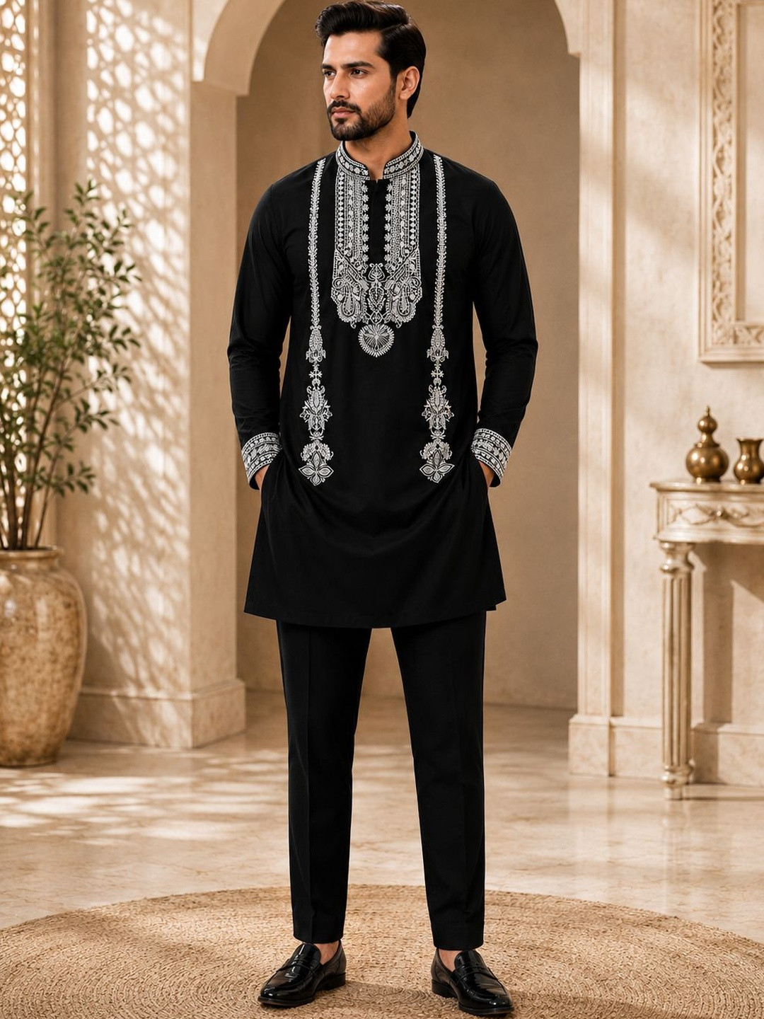 House of Pataudi Men Ethnic Motifs Embroidered Regular Thread Work Kurta with Trousers