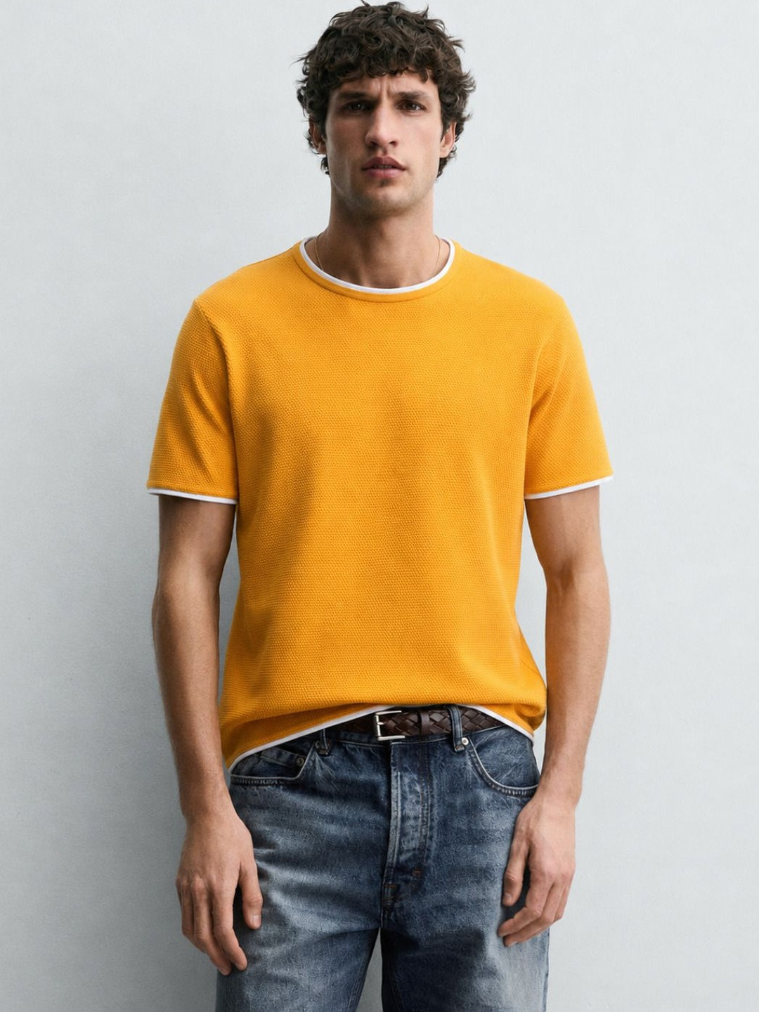 Alan Jones Men Mustard Yellow Solid Slim Fit T-shirt