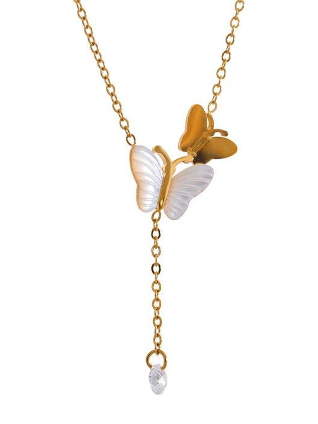DIVING SWAN Women 18K Thick Gold Plated Riya Pearl Butterfly Drop Necklace