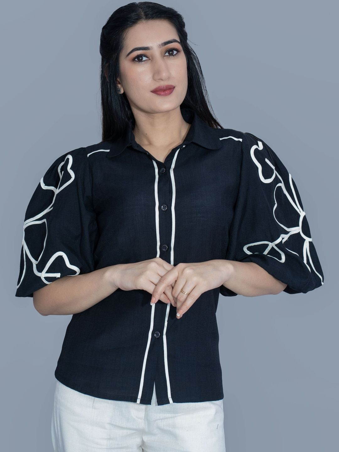 BELLO DONA CLOTHING Women Shirt Collar Floral Print Puff Sleeve Top