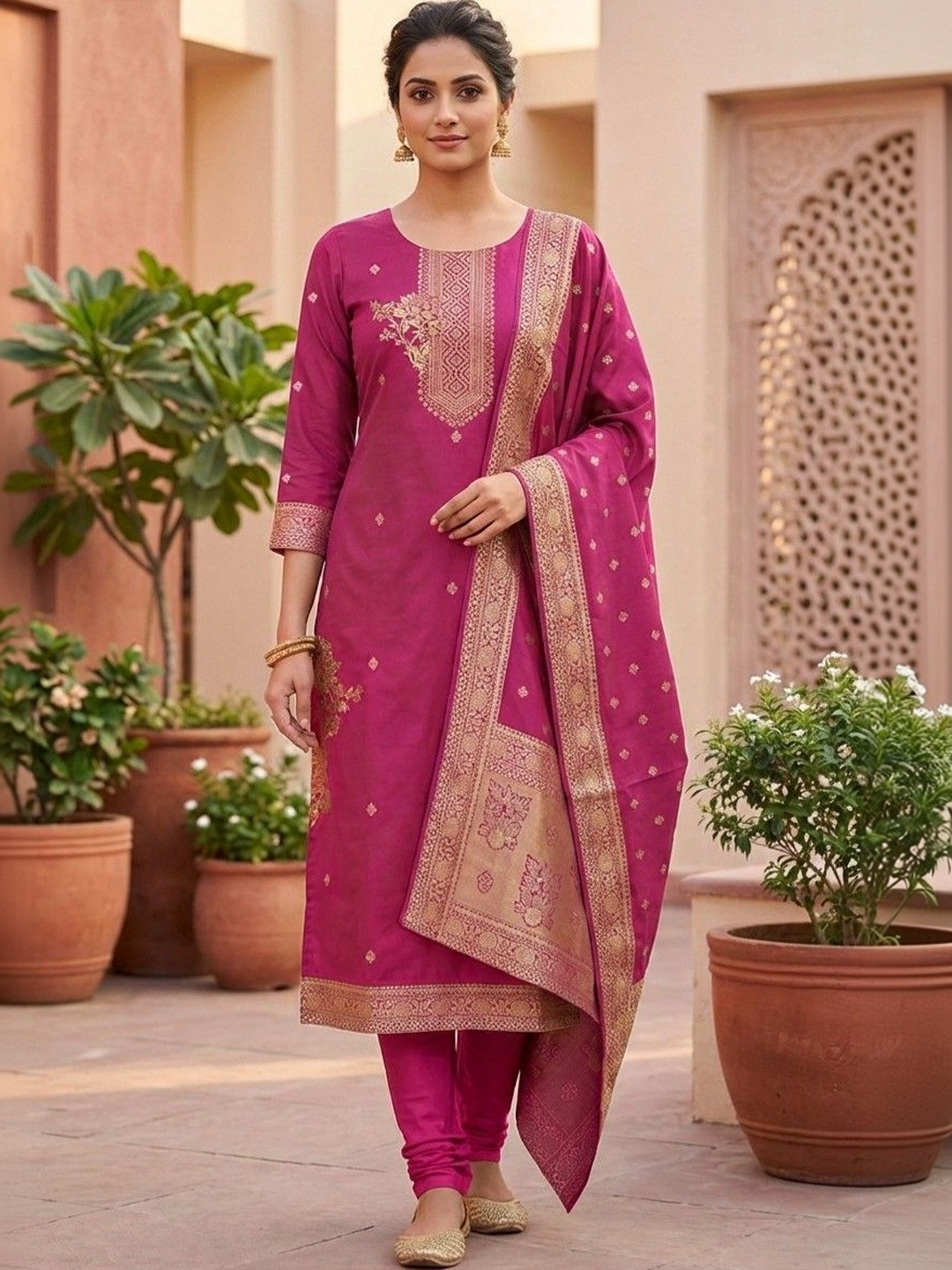 SHU-GORA Women Ethnic Motifs Regular Kurta with Churidar & With Dupatta