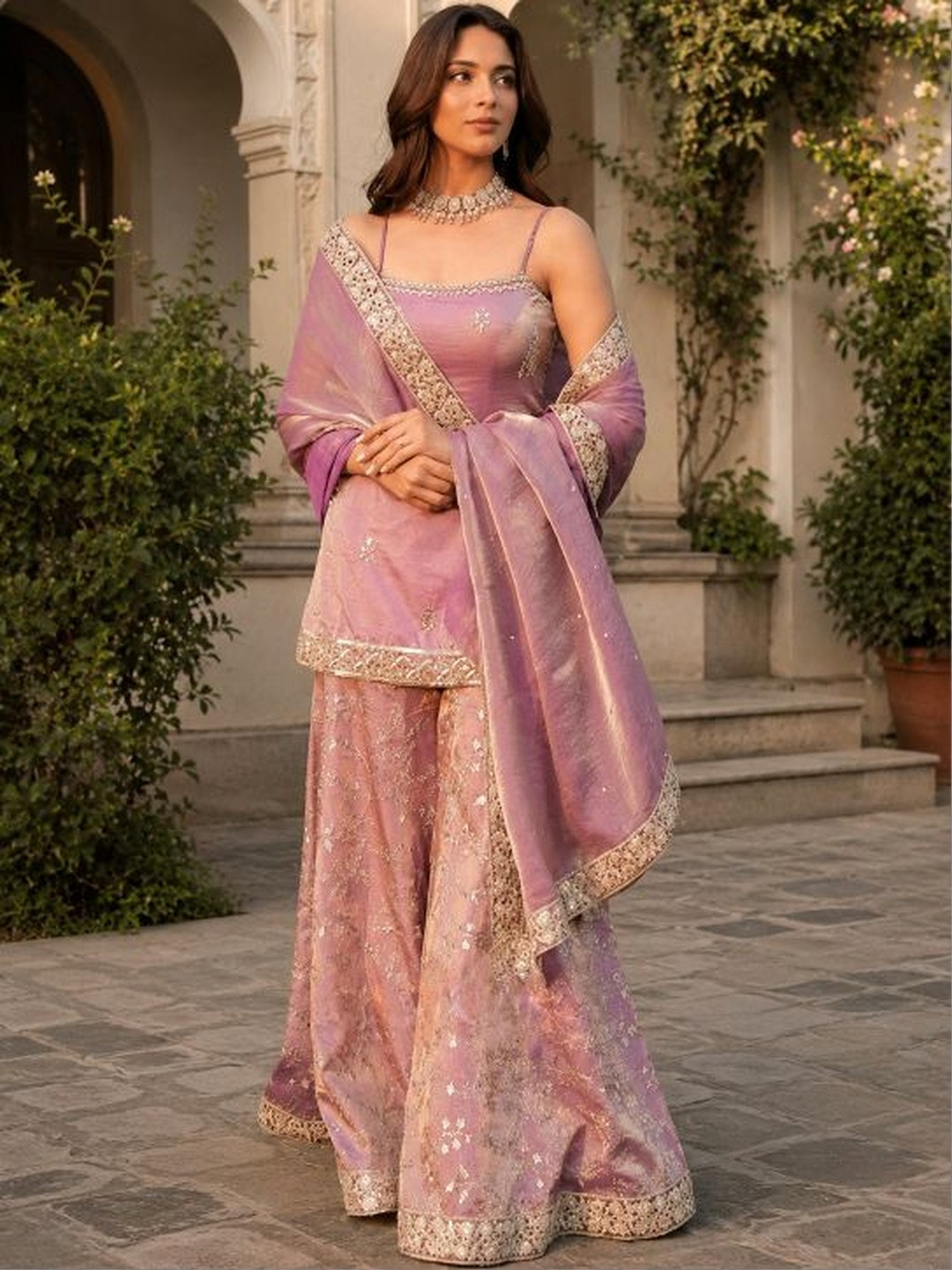 Sangria Women Ethnic Motifs Embroidered Regular Kurta with Sharara & With Dupatta