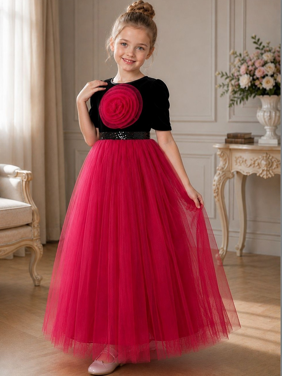 Dripteen Colourblocked Puff Sleeve Ruffled Net Maxi Dress