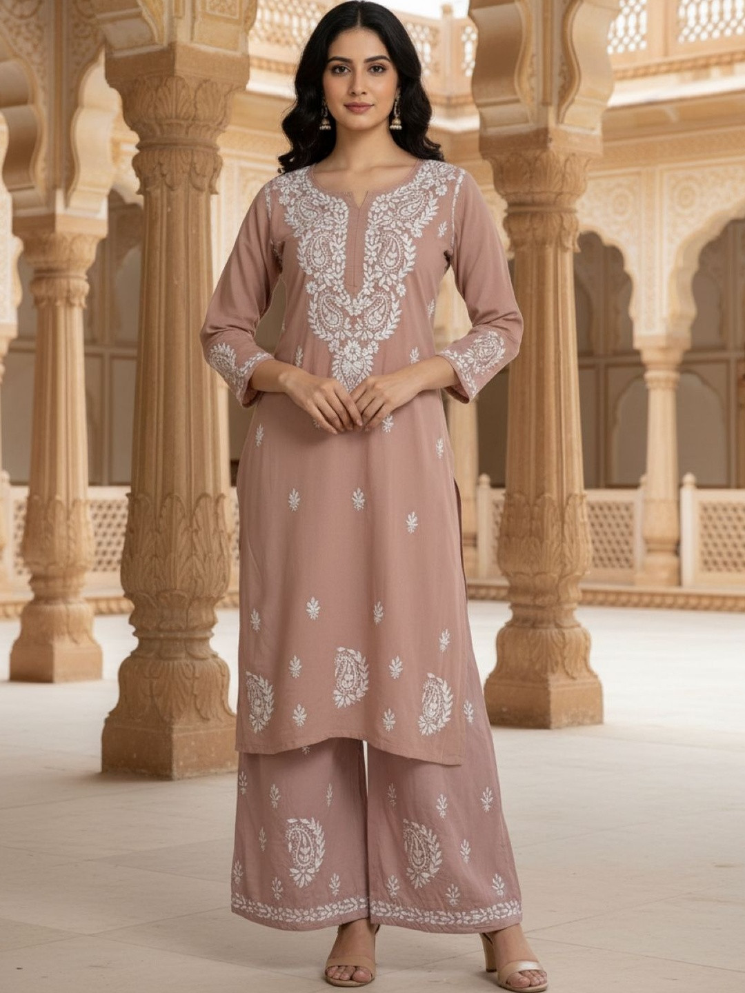 Noorza Chikankari Women Ethnic Motifs Embroidered Regular Chikankari Kurta with Palazzos