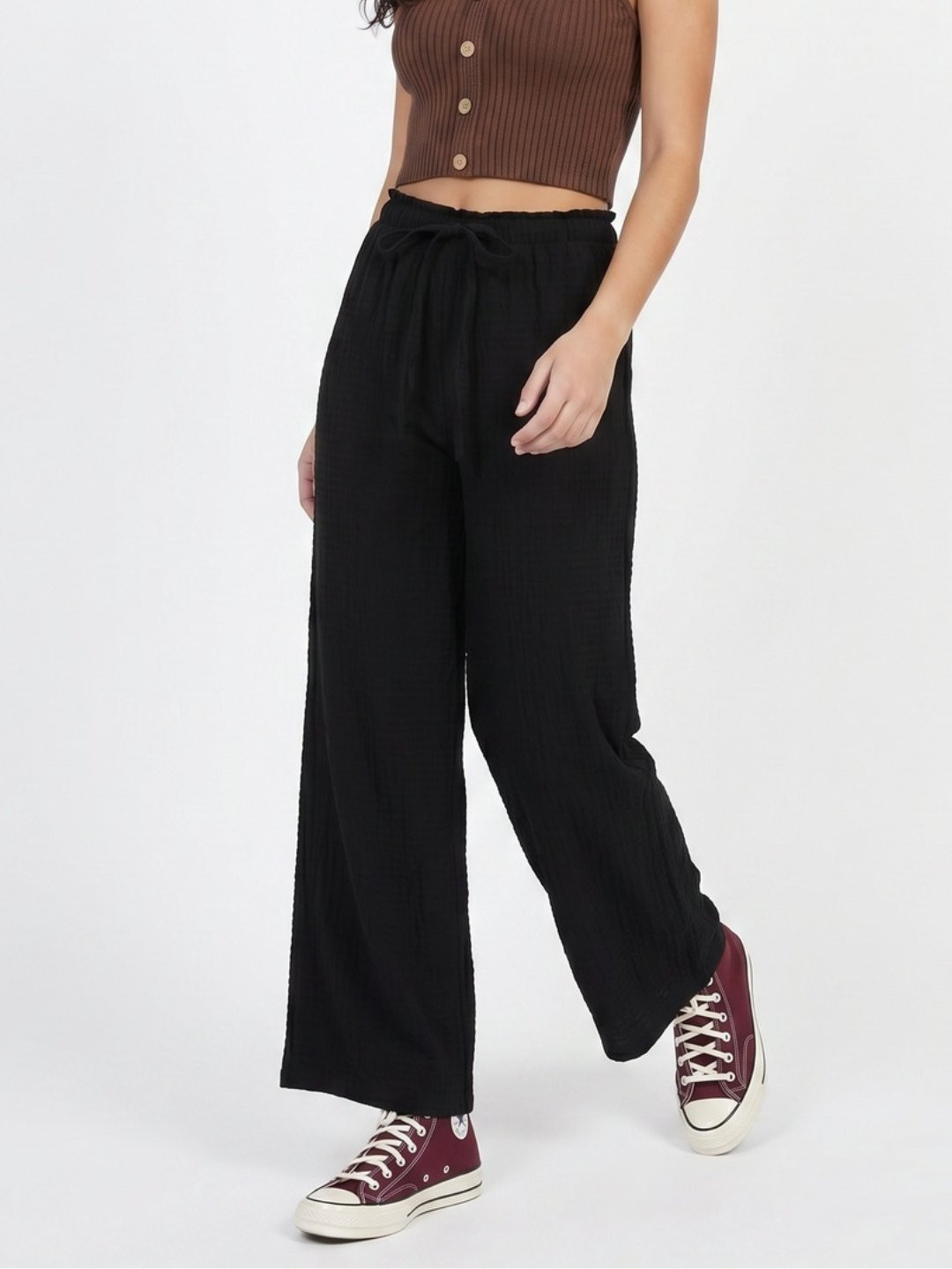glitchez High-Rise Black Textured Wide Leg Trousers