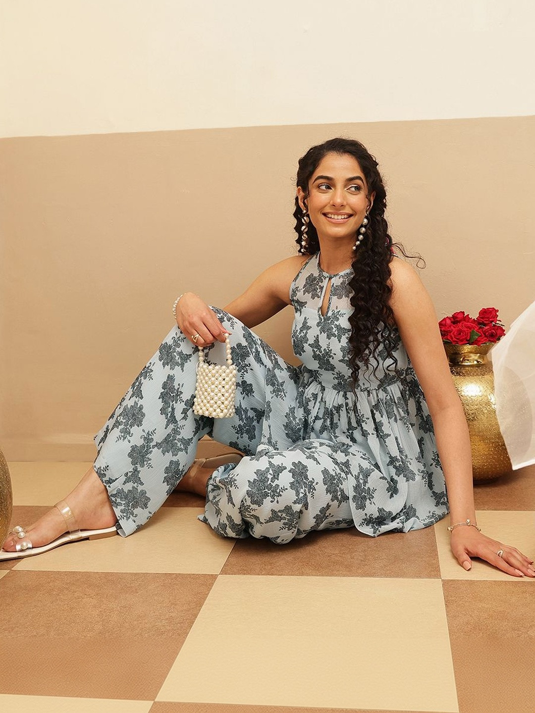 QUIERO BLUES Floral Printed Top with Palazzos