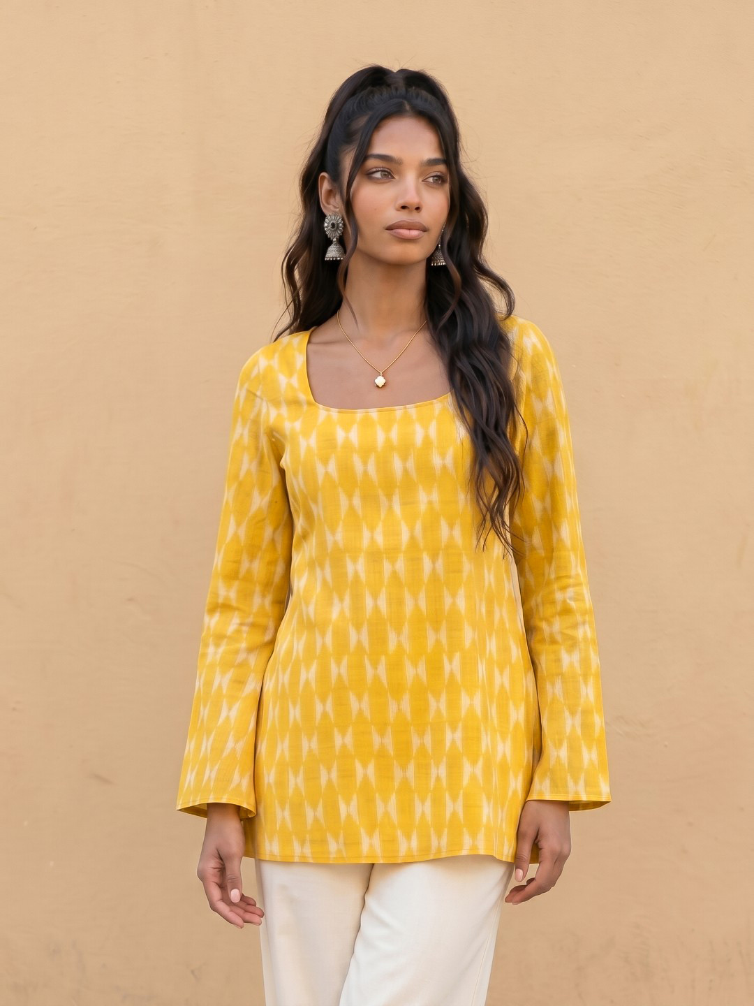 fusion by glitchez Geometric Printed Square Neck Cotton-Linen A-Line Kurti With Tie-Ups