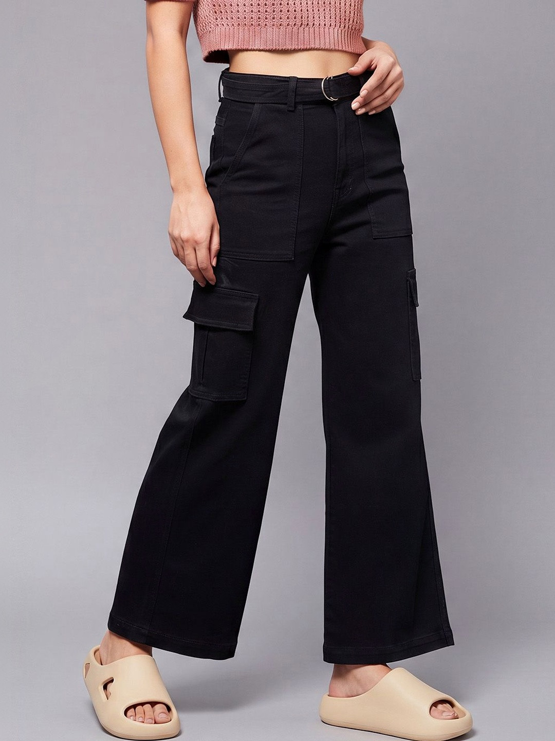 Mast & Harbour Women's Black Wide leg High rise Clean look Regular Stretchable Denim Jeans