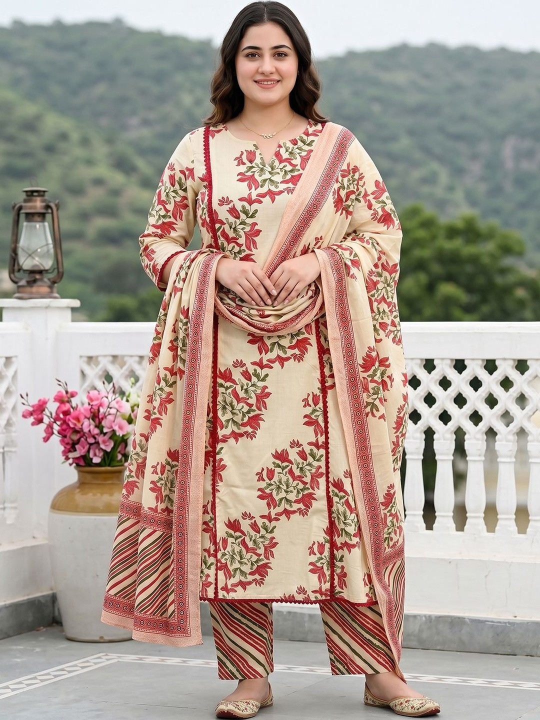Anouk Women Floral Printed Regular Pure Cotton Kurta with Trousers & With Dupatta