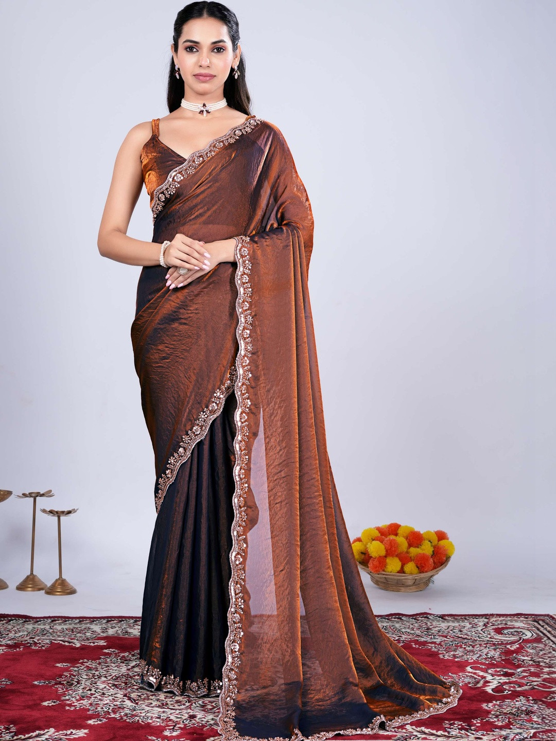 KANYAARI Kriti Copper Satin Saree With Cutdana Work