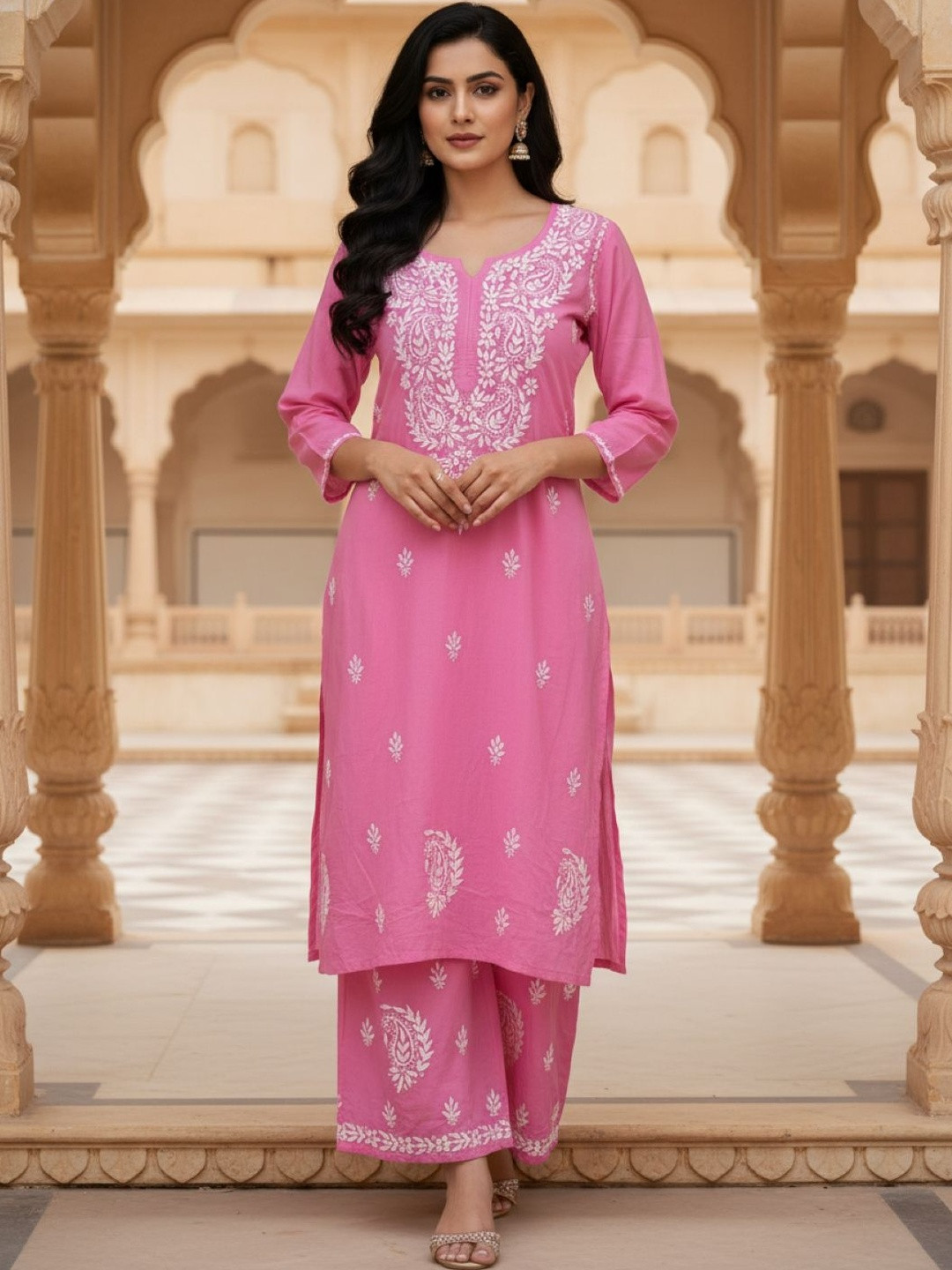 Noorza Chikankari Women Ethnic Motifs Embroidered Regular Chikankari Kurta with Palazzos