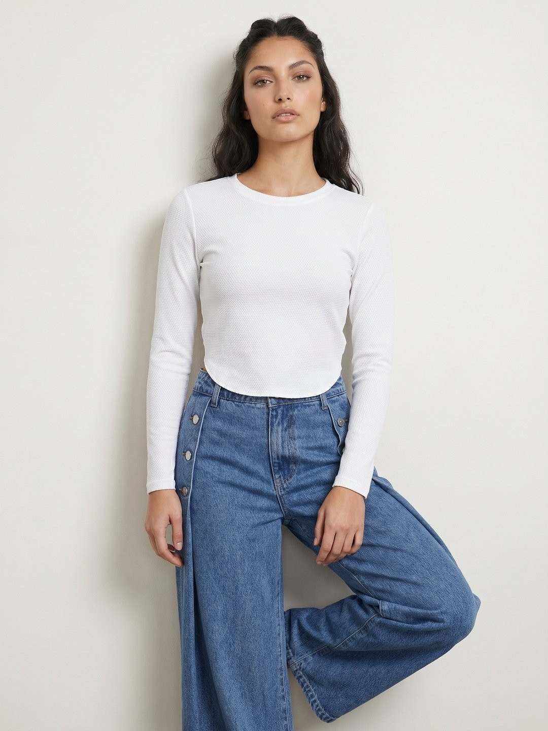 glitchez Textured Round Neck Fitted Tops