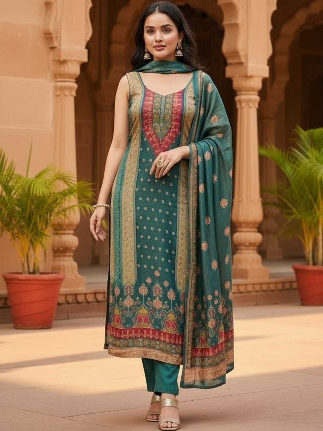 DHRUVIL IMPEX Women Ethnic Motifs Printed Regular Kurta with Trousers & With Dupatta