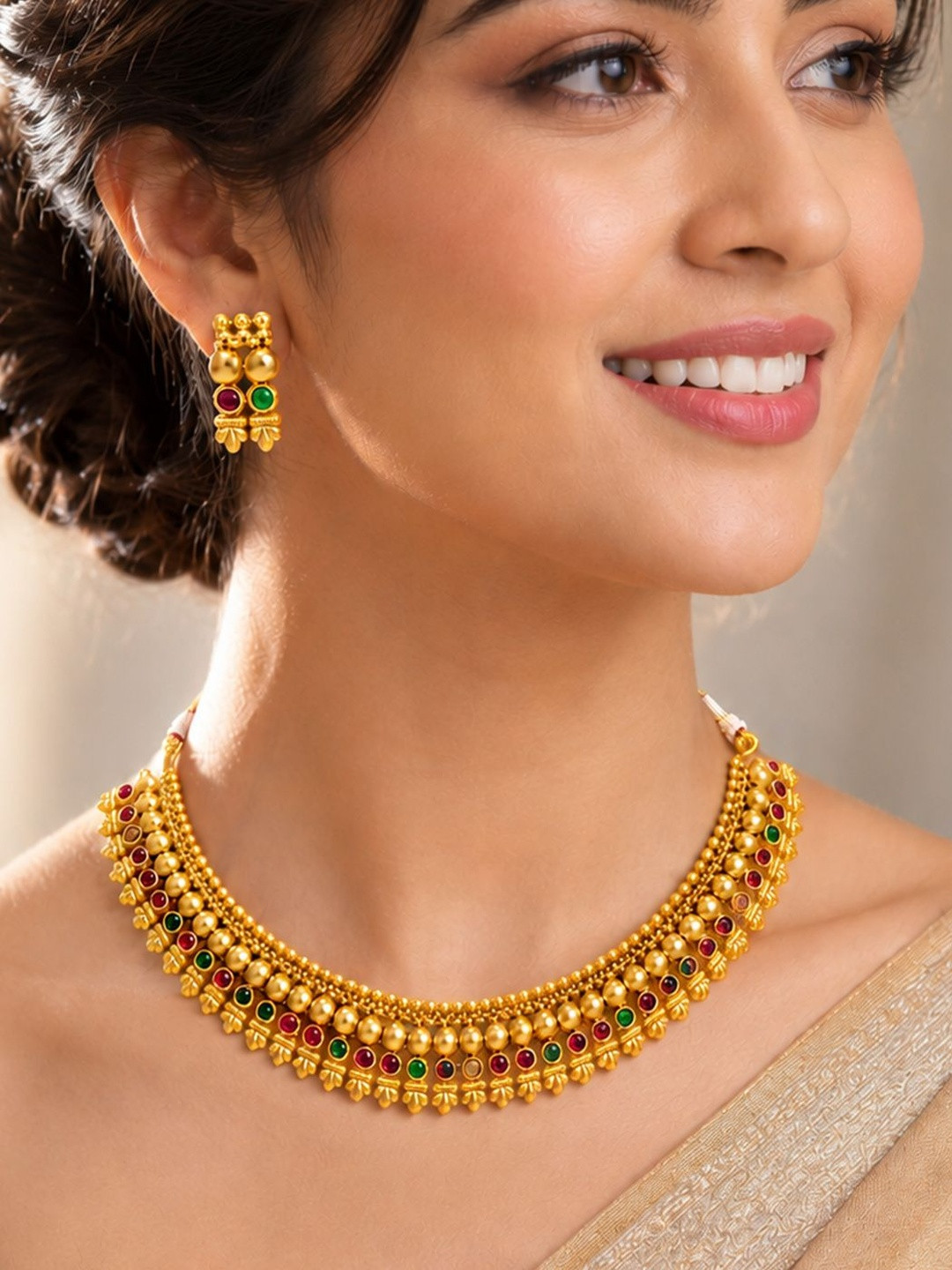 Peora Gold-Plated Stone-Studded Necklace and Earrings