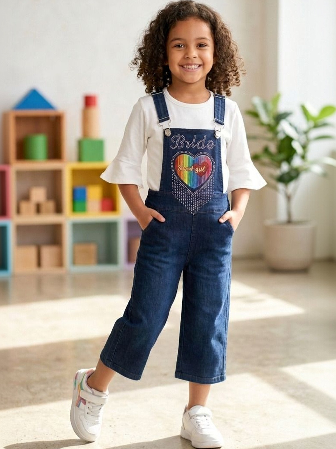 FARIHA FASHIONS Girls Typography Slim Fit Ankle Length Dungarees