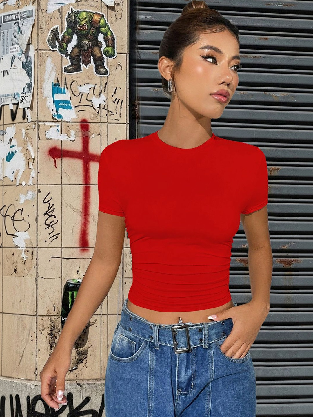 STRV Women Solid Round Neck Short Sleeves Slim Fit Top