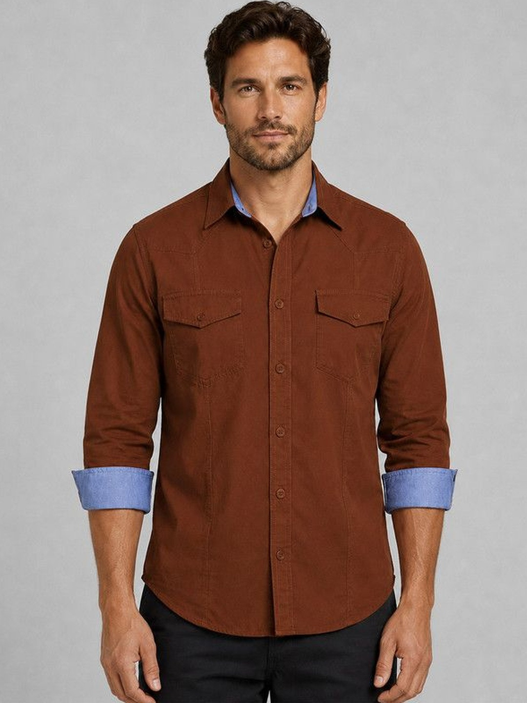 FRANKSHIRT Men Brown Solid Cargo Shirt with Contrast Collar & Cuffs Regular Fit Casual Shirt