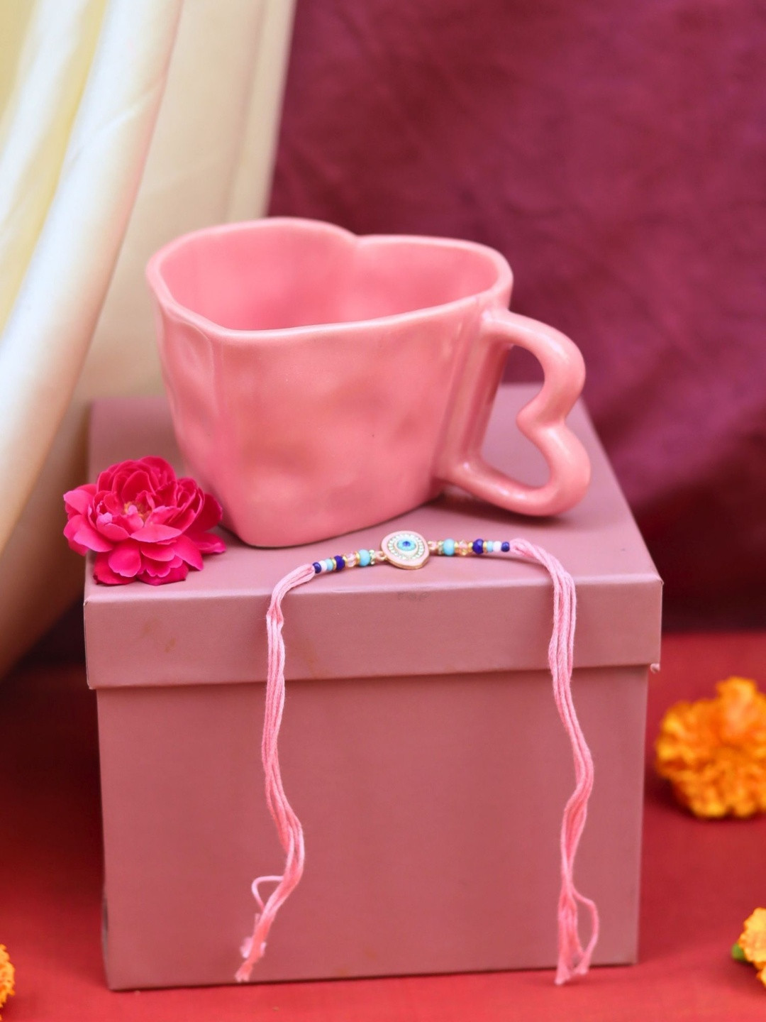 WEAVING HOMES Stone Studded & Beaded Thread Rakhi With Heart Mug