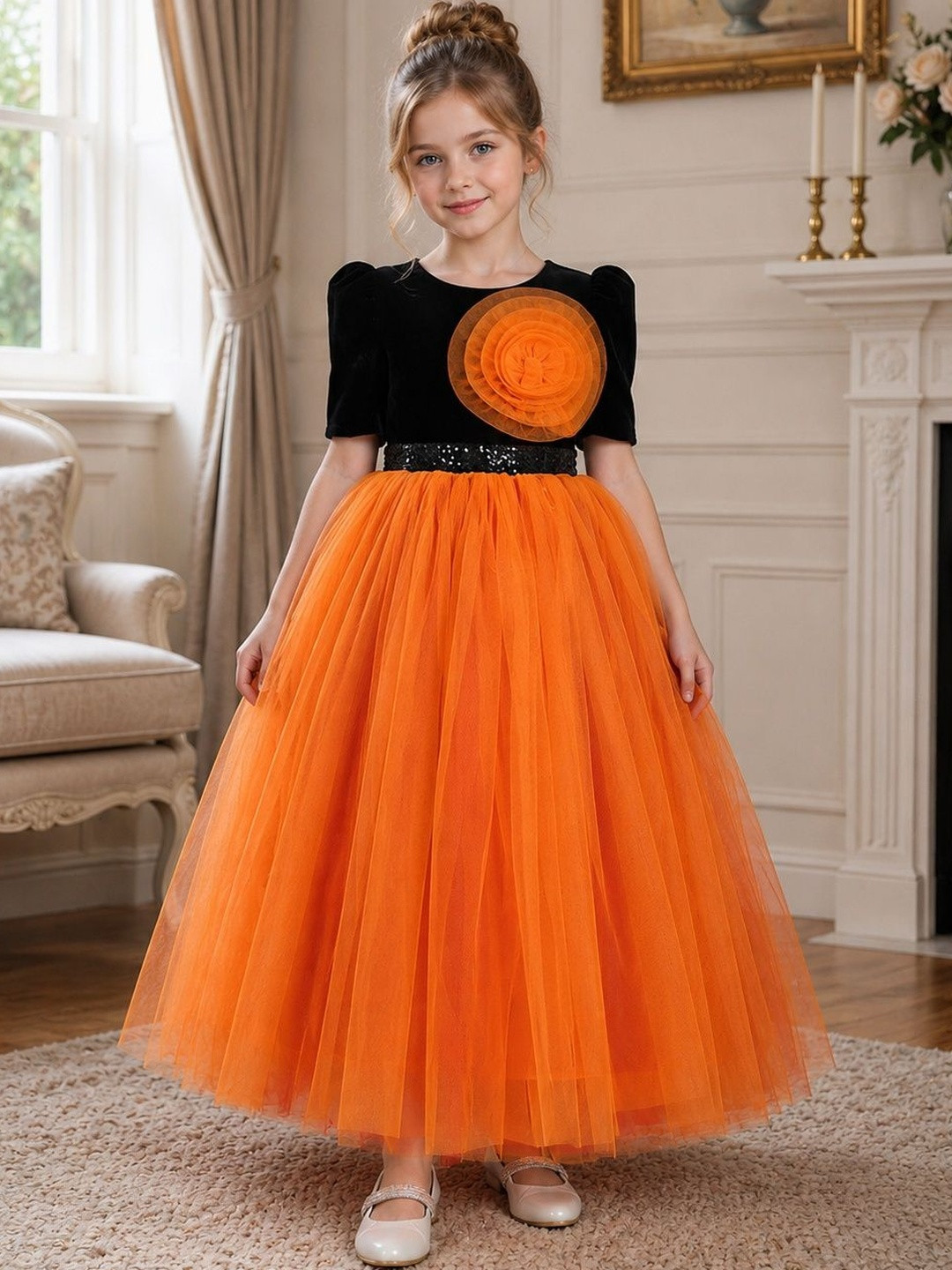 Dripteen Colourblocked Puff Sleeve Ruffled Net A-Line Maxi Dress
