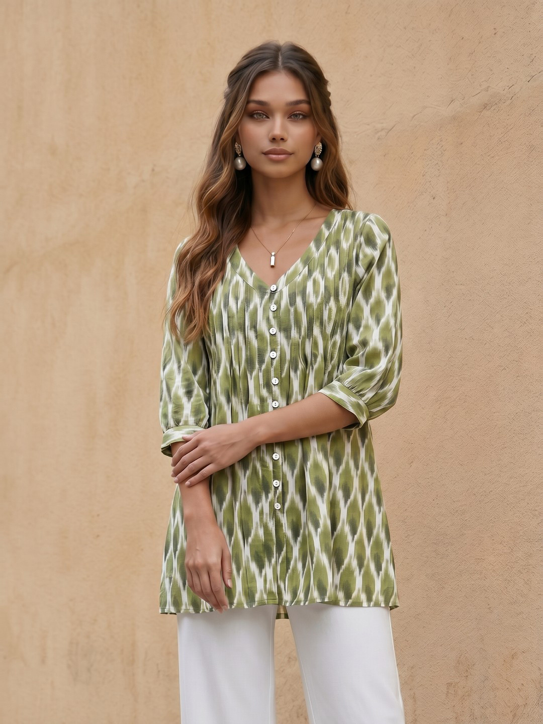fusion by glitchez Geometric Printed V-Neck Cotton-Linen A-Line Kurti