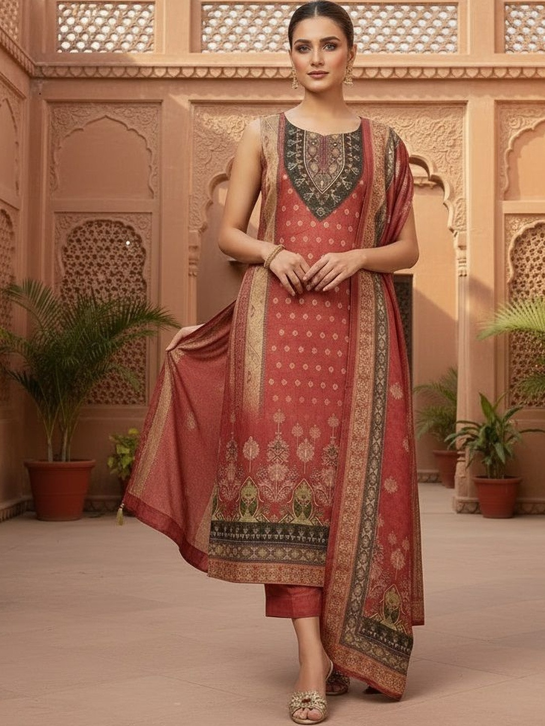 DHRUVIL IMPEX Women Ethnic Motifs Printed Regular Kurta with Trousers & With Dupatta