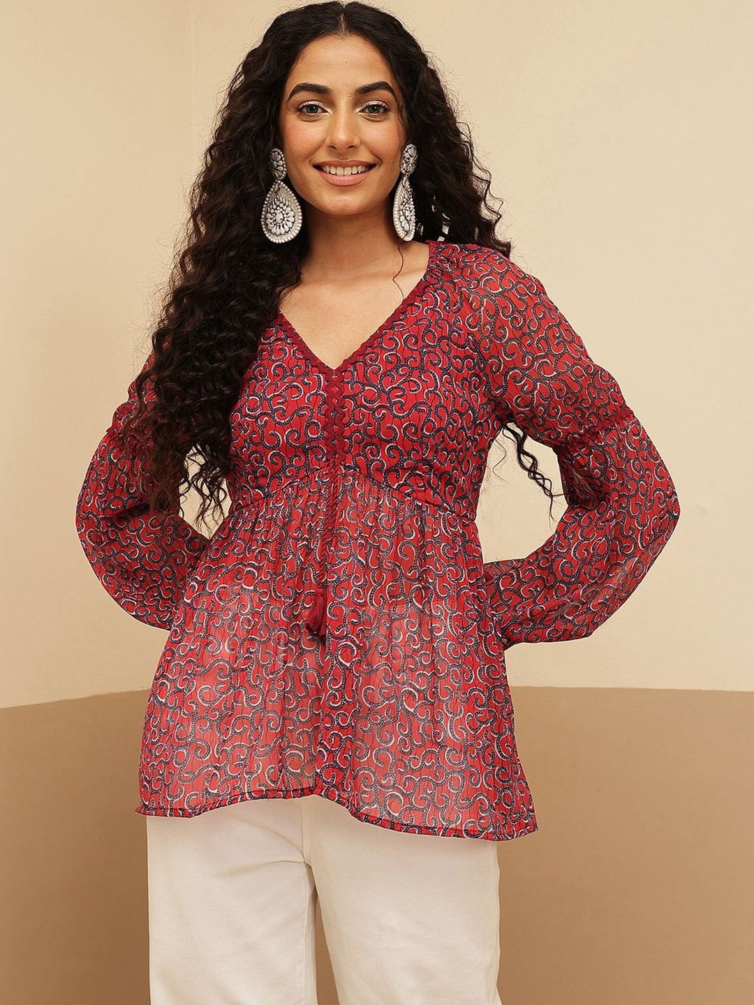 QUIERO BLUES Print Bishop Sleeves Georgette Top