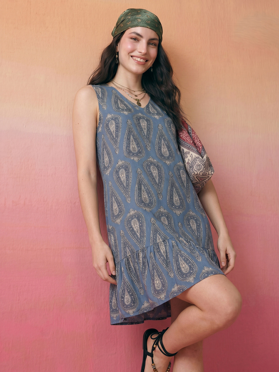 ZACCAI Blue Paisley Ethnic Motif Dress