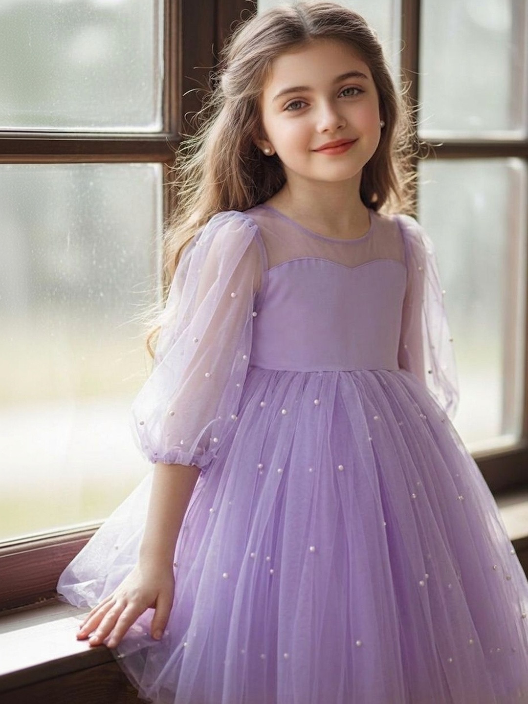 Dripteen Embellished Puff Sleeve Net A-Line Dress