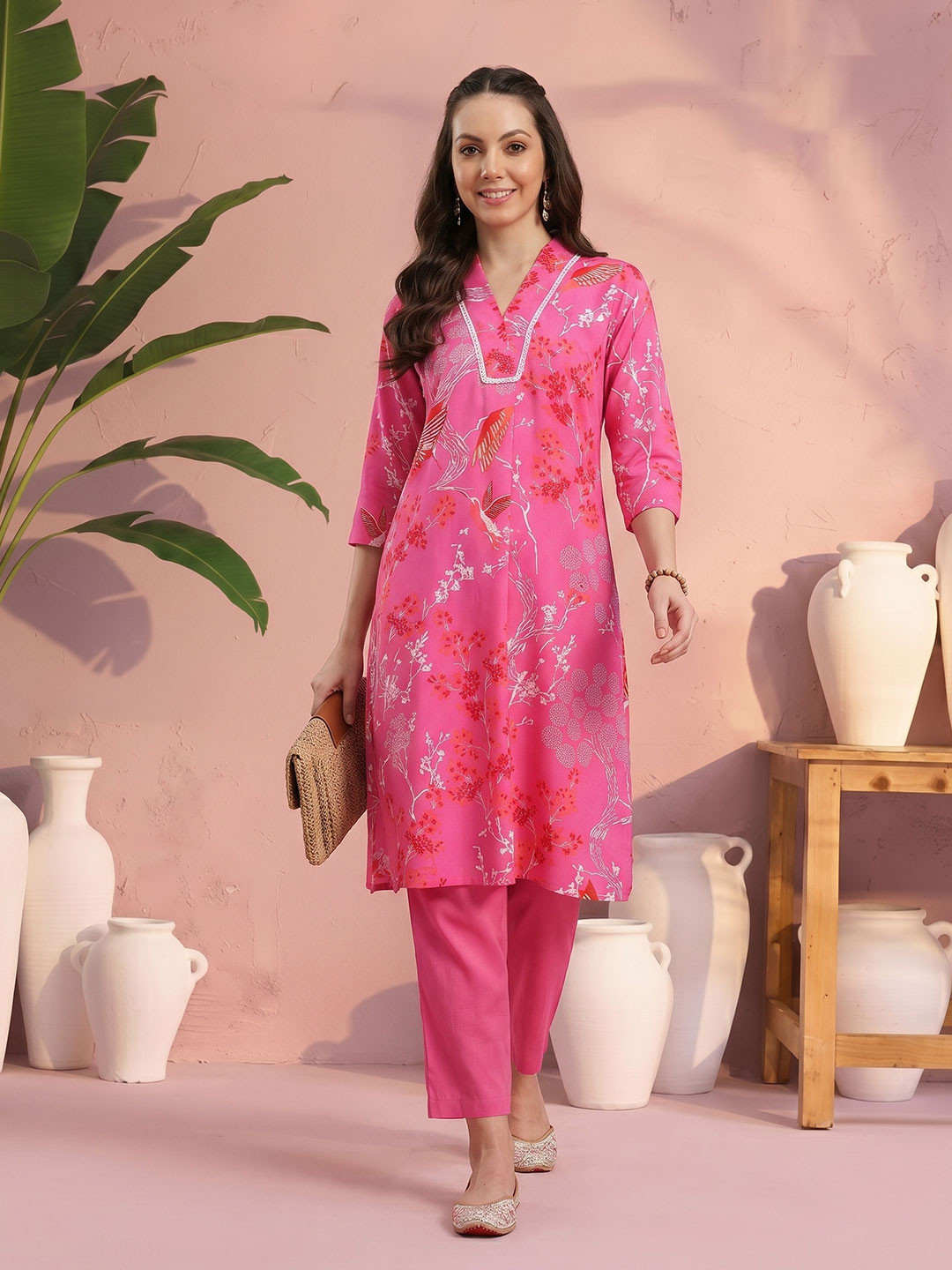 Sangria Floral Printed Regular Kurta with Trousers