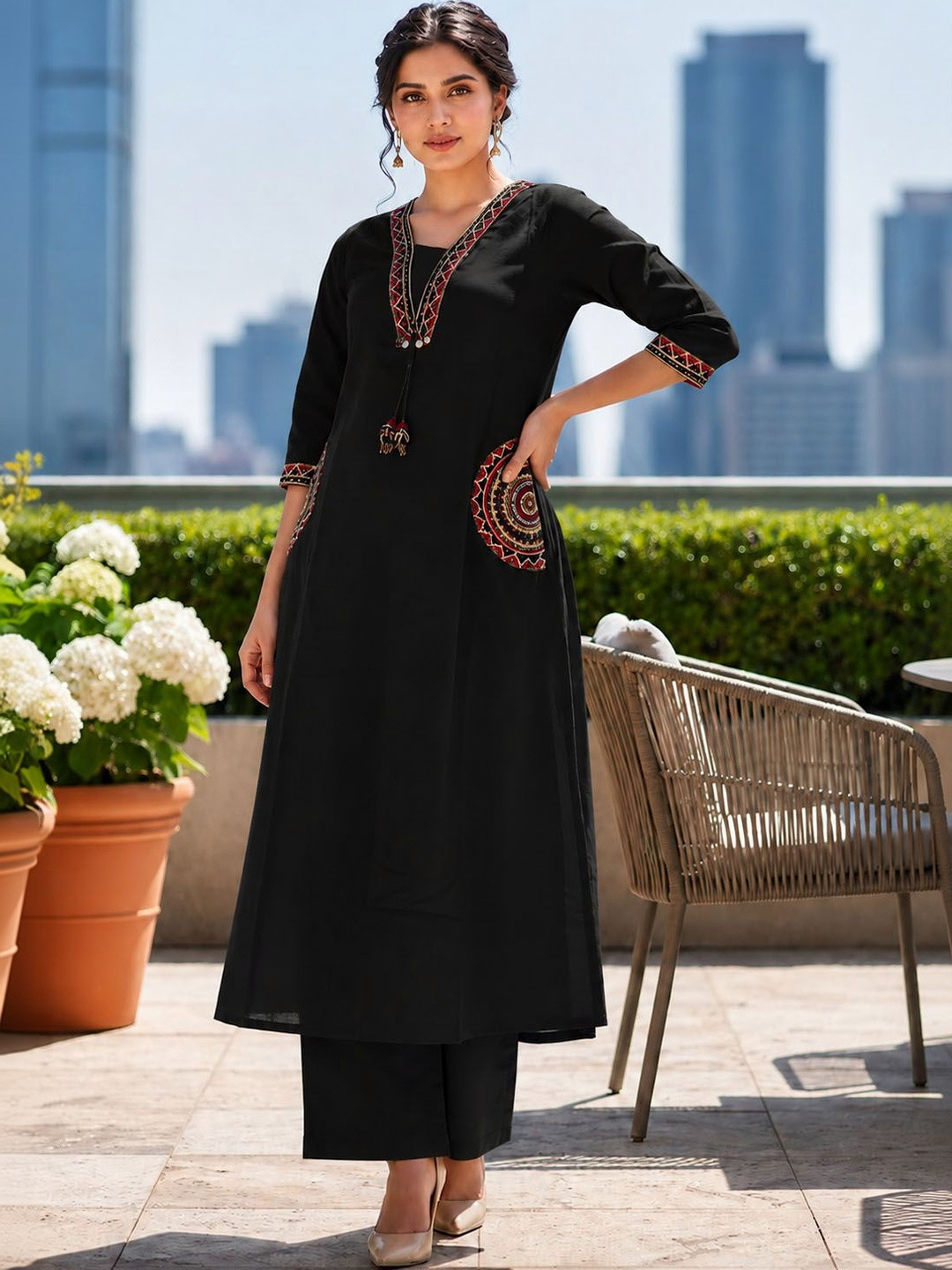 JAGNA Women Ethnic Motifs Embroidered Regular Thread Work Pure Cotton Kurta with Palazzos