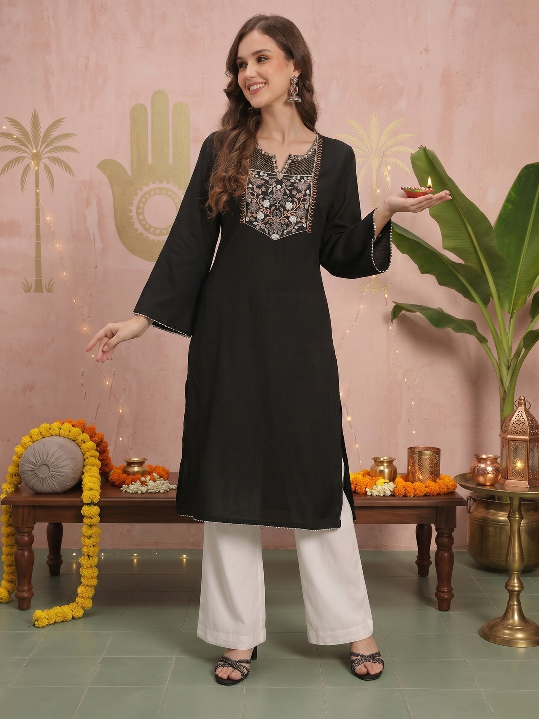 Sangria Floral Yoke Design Flared Sleeves Thread Work Kurta