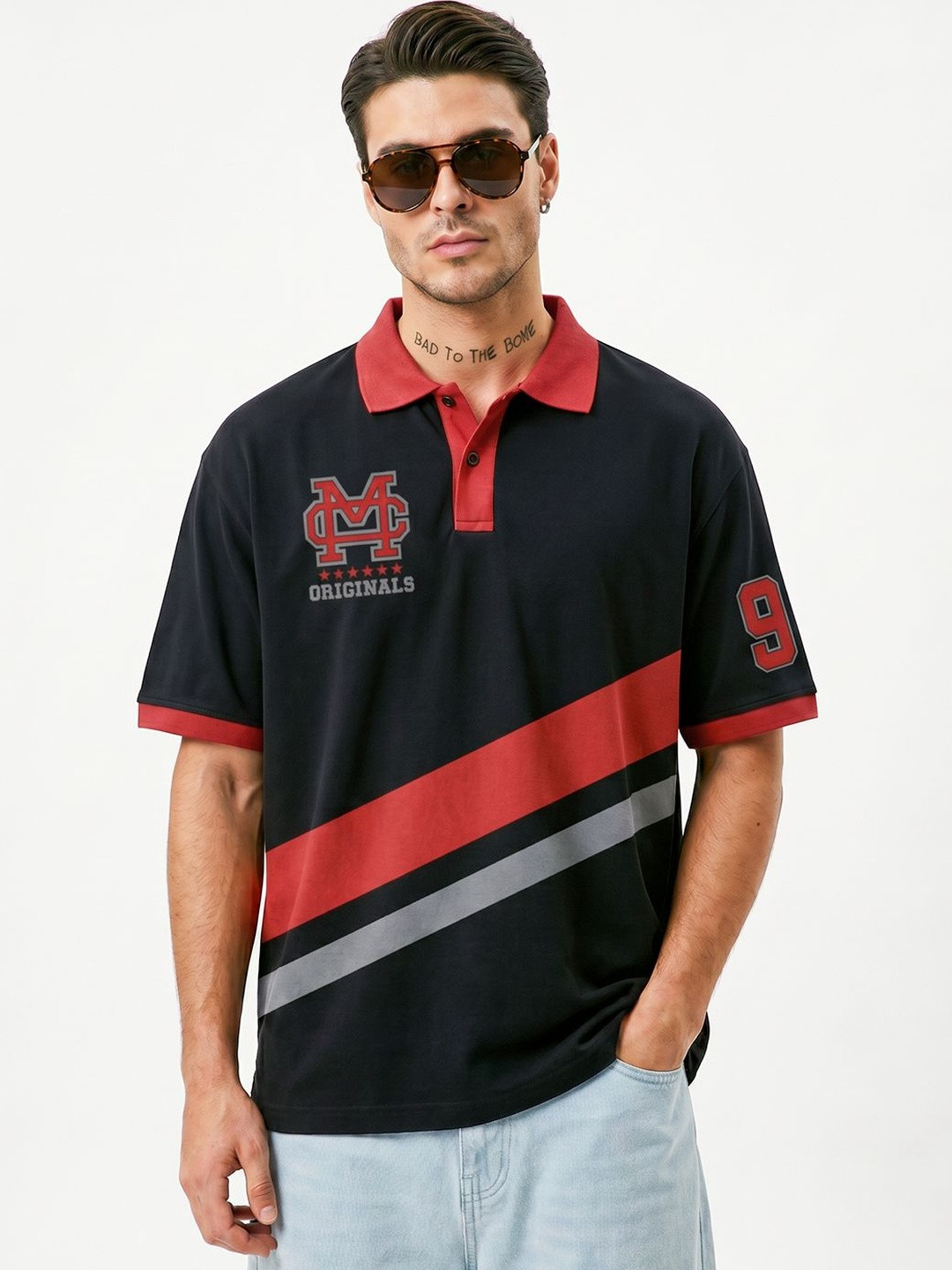Crazymonk Cyrus Striped Polo Collar Oversized Cotton T-shirt