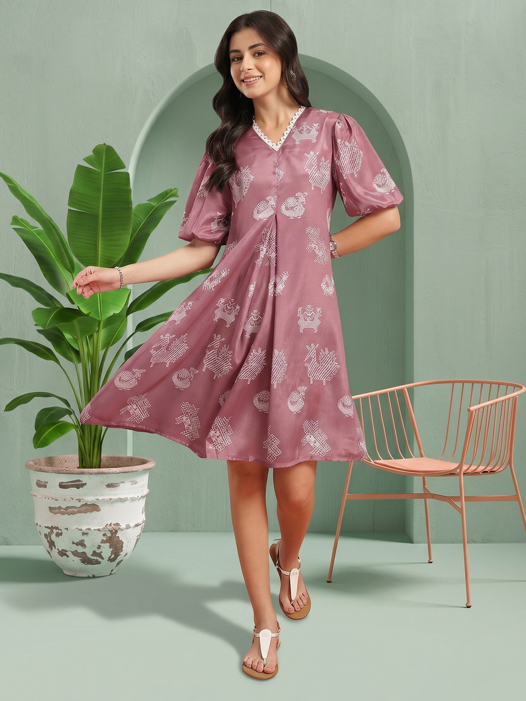 Sangria Tribal Print Gathered Detail Lace Inserts Puff Sleeves Ethnic A-Line Dress