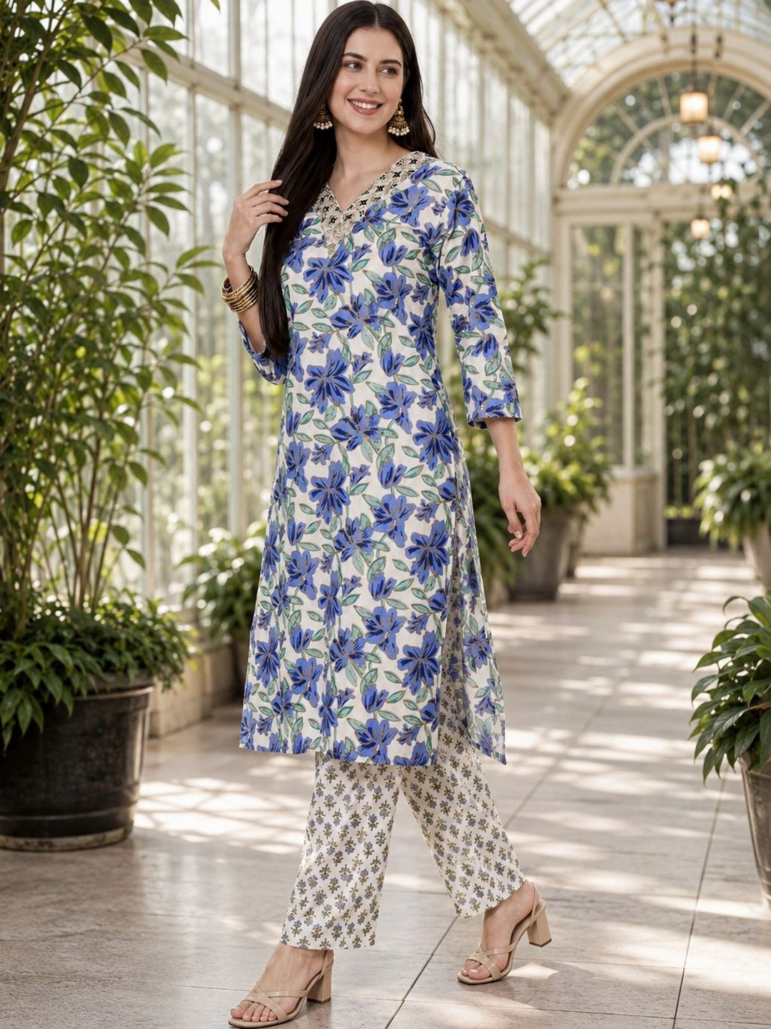 Anouk Women Floral Printed Regular Thread Work Pure Cotton Kurta with Palazzos