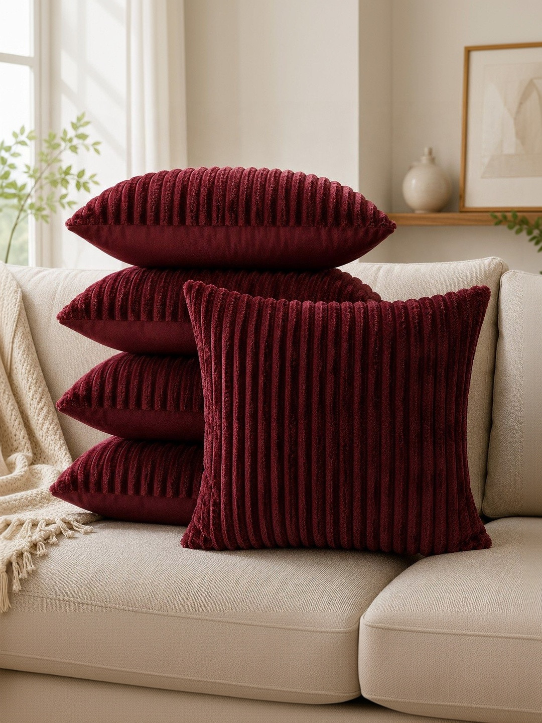 LOFEY Maroon Set of 5 Velvet Square Cushion Covers