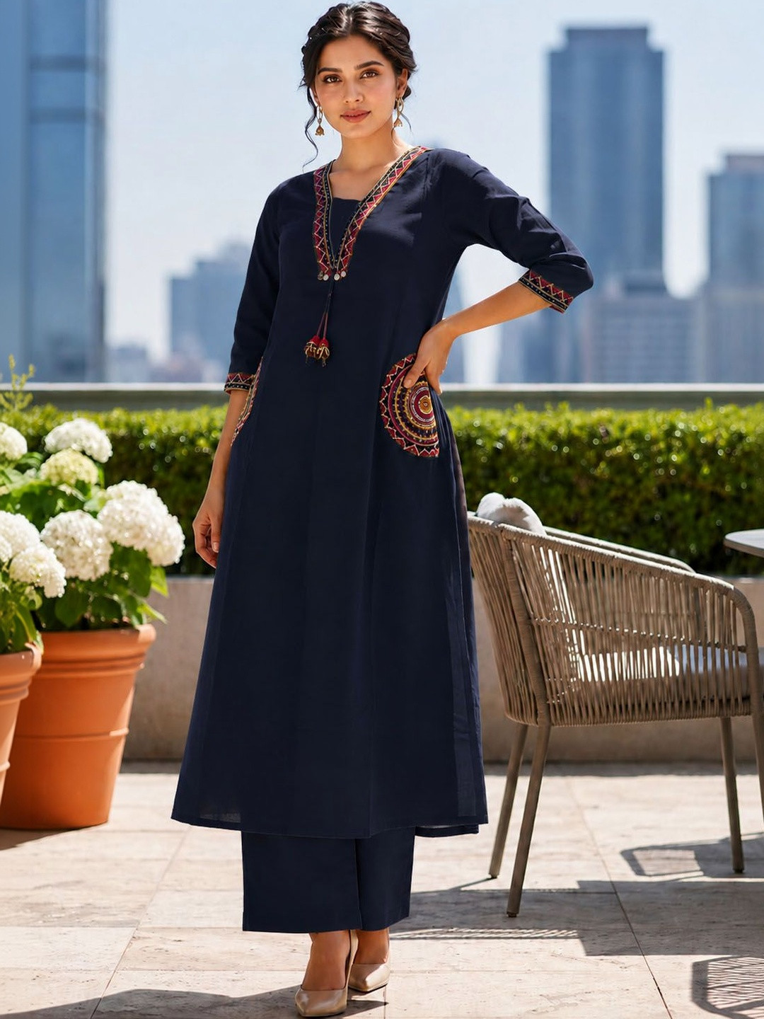 JAGNA Women Ethnic Motifs Embroidered Regular Thread Work Pure Cotton Kurta with Palazzos