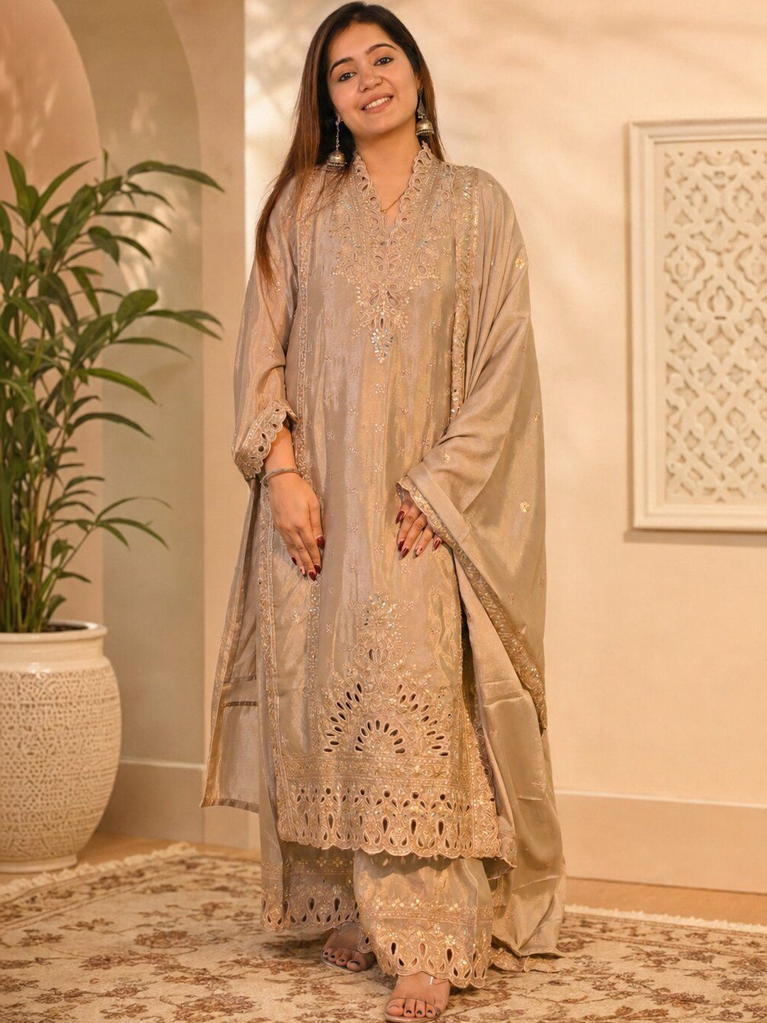 Ethnica By Harhsu Women Ethnic Motifs Embroidered Regular Kurta with Palazzos & With Dupatta