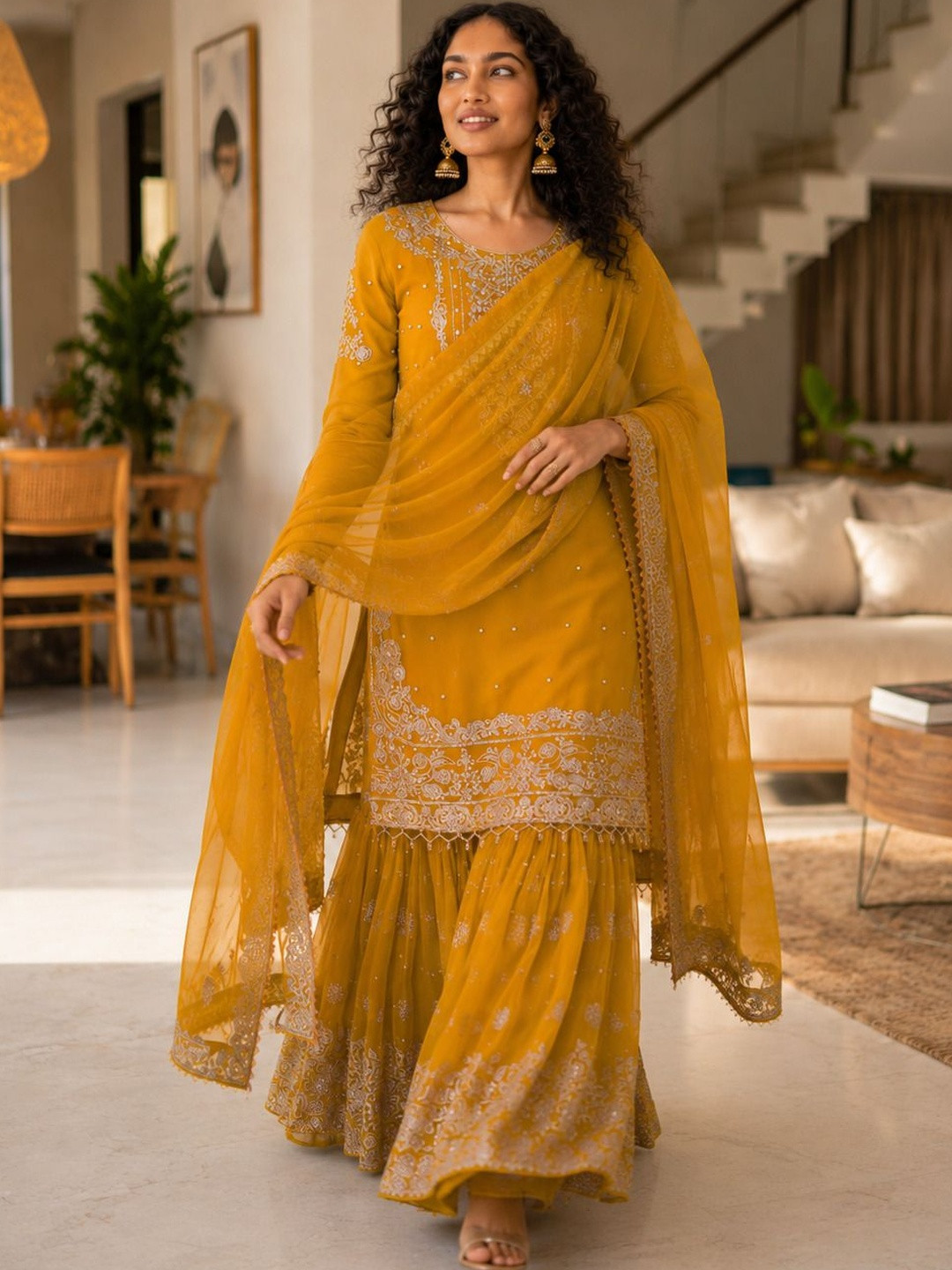 PRIMESKY Women Ethnic Motifs Embroidered Regular Thread Work Silk Georgette Kurta with Sharara & With Dupatta