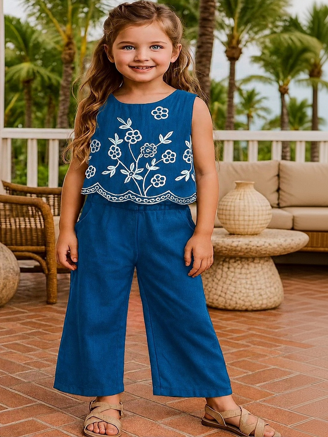UFB Girls Floral Embroidered Regular Thread Work Top with Palazzos