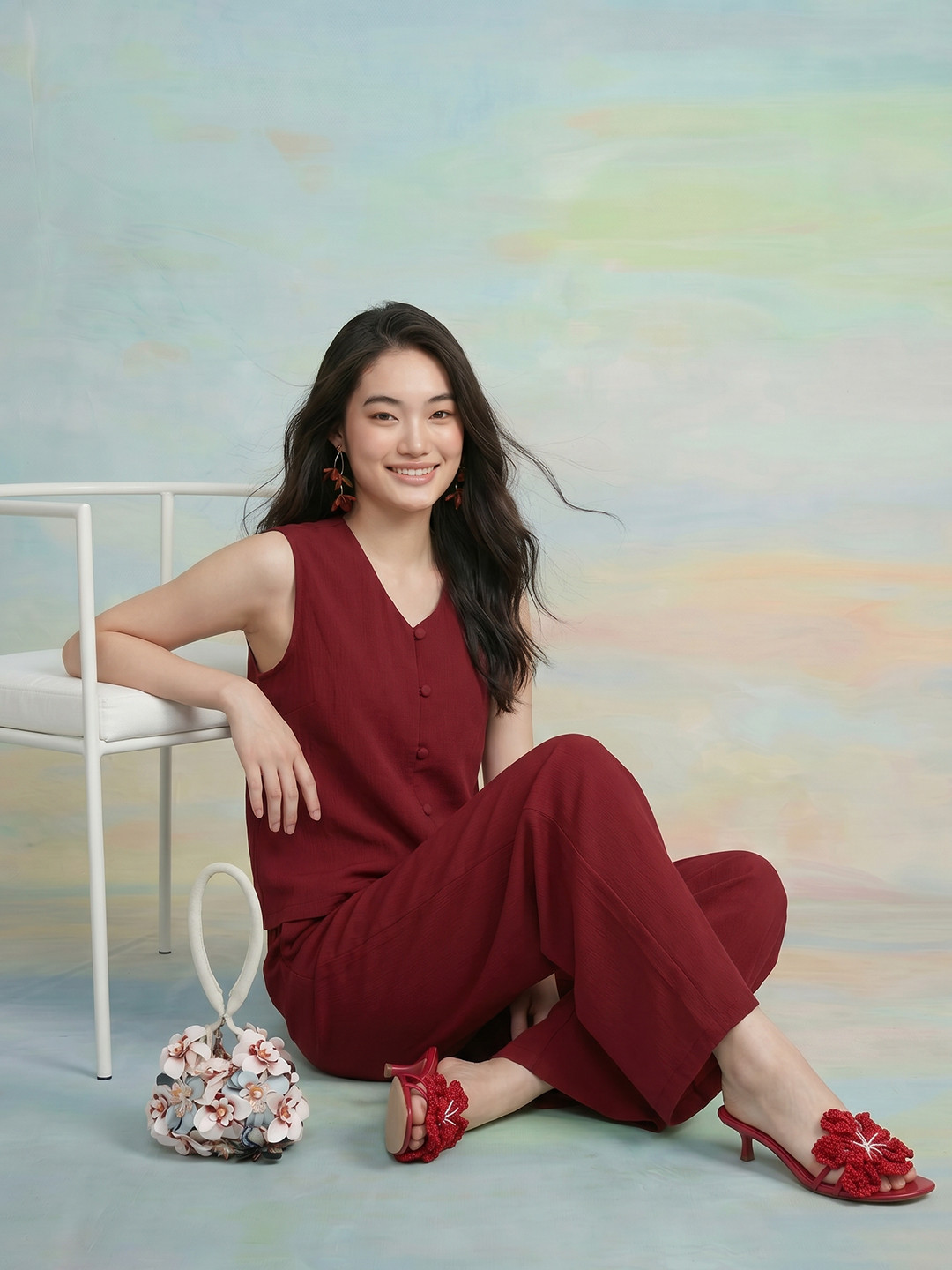 Maroon V-Neck Sleeveless Top with Solid Palazzos