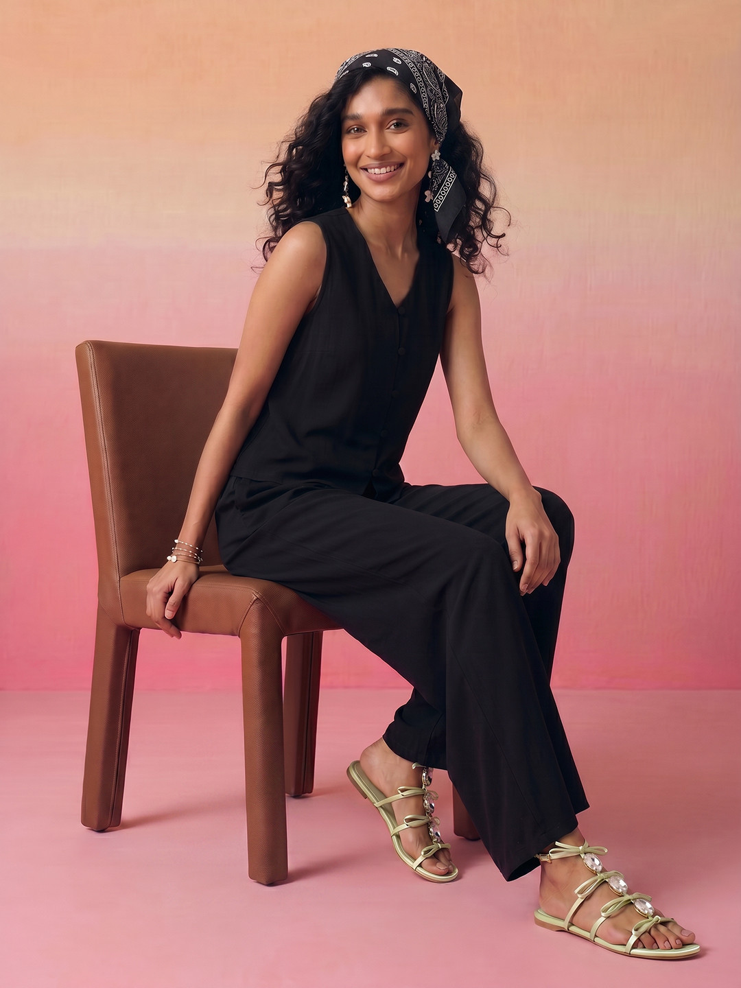 Black V-Neck Sleeveless Vest Top with Palazzos
