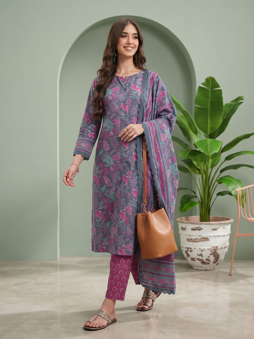Sangria Floral Printed Regular Kurta with Trousers & Dupatta