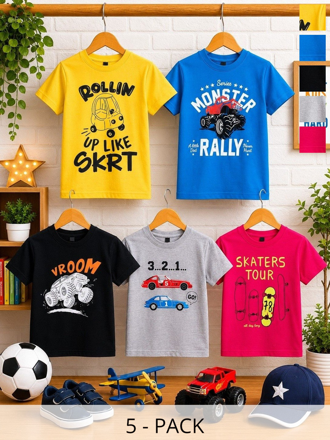 FAZZA Boys Pack Of 5 Typography Printed Round Neck Cotton T-shirts