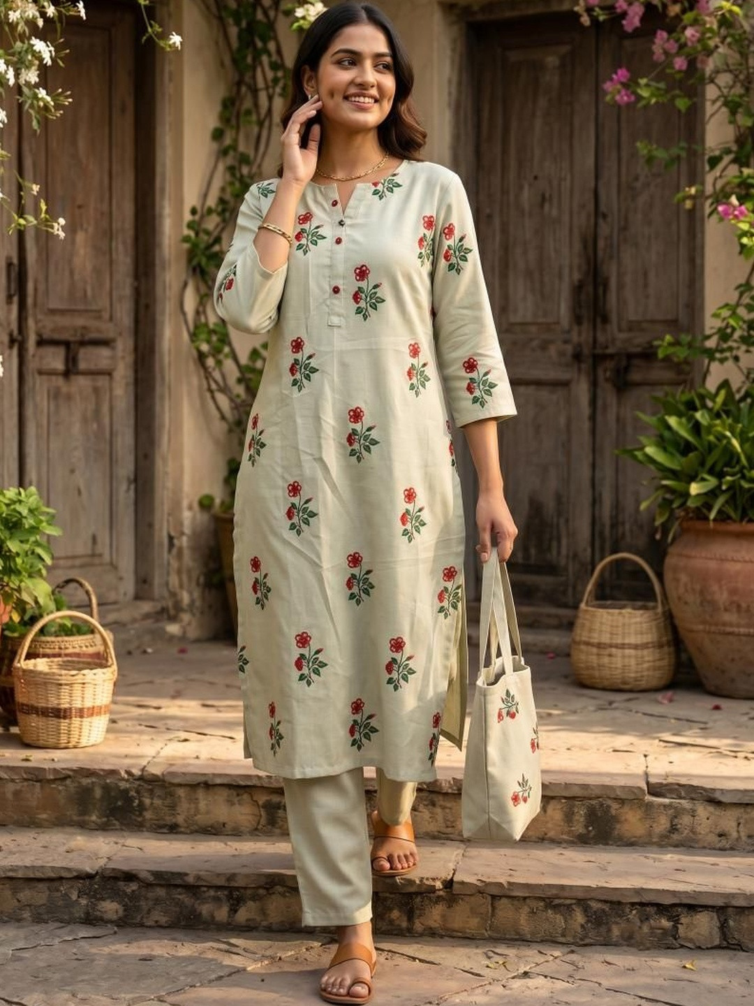 Kethi Fashion Women Floral Printed Regular Pure Cotton Kurta with Trousers