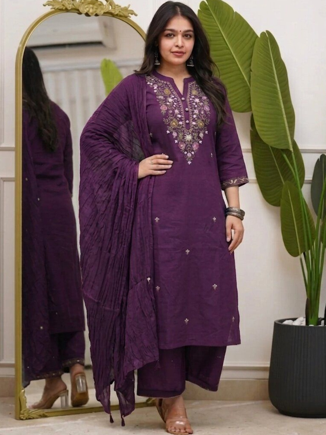 BEAUTYBEATS Women Ethnic Motifs Embroidered Regular Thread Work Kurta with Palazzos & With Dupatta