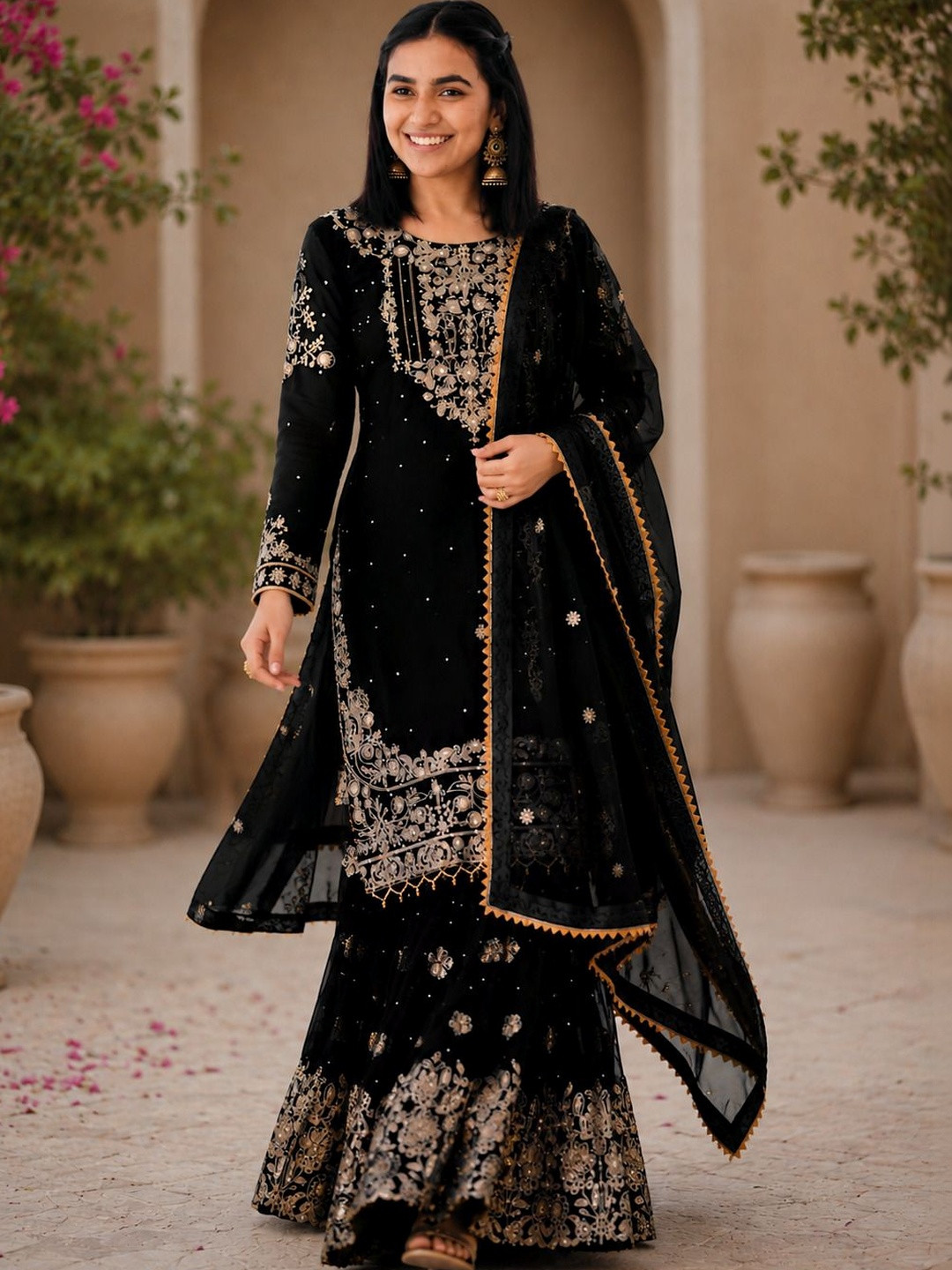 PRIMESKY Women Ethnic Motifs Embroidered Regular Silk Georgette Kurta with Sharara & With Dupatta