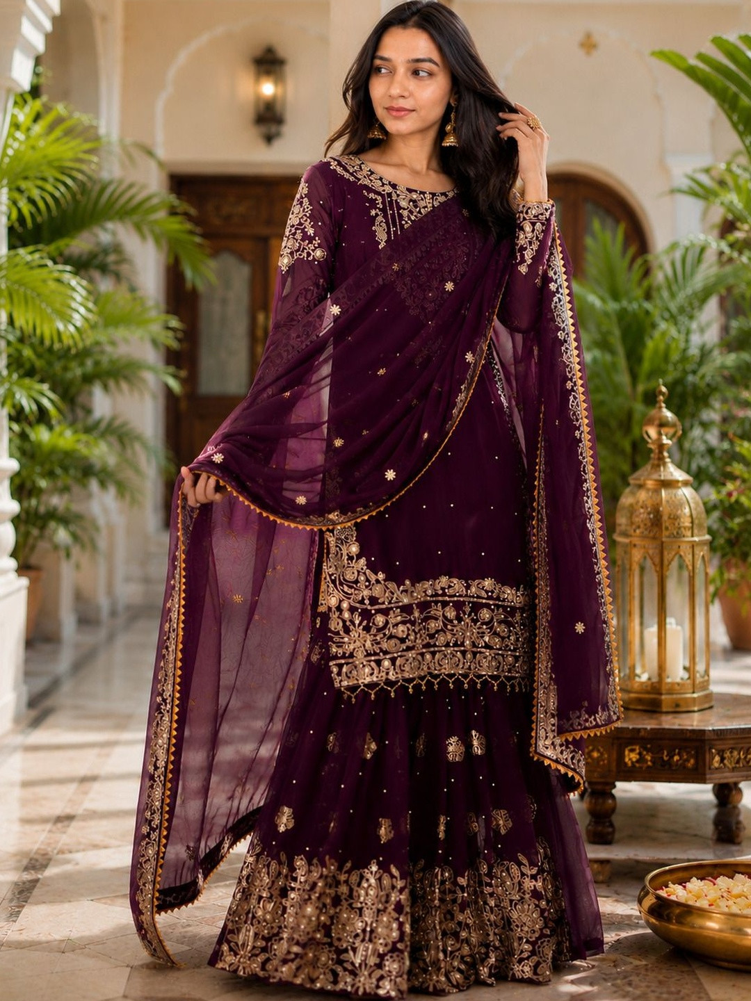 PRIMESKY Women Ethnic Motifs Embroidered Regular Silk Georgette Kurti with Sharara & With Dupatta