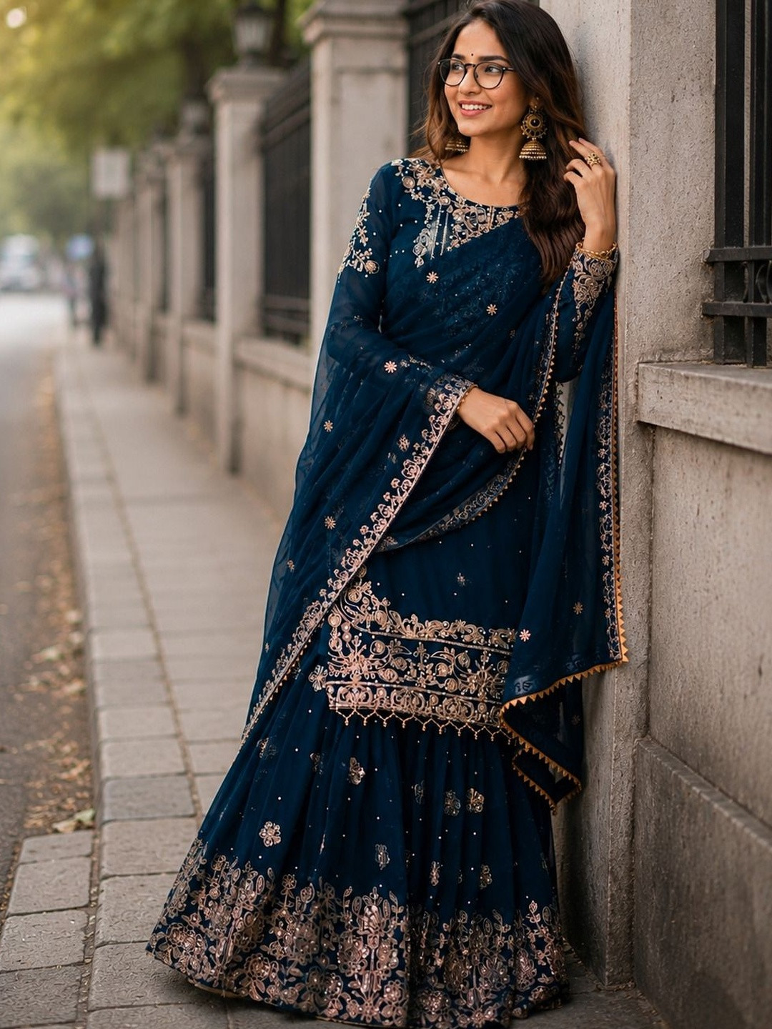 PRIMESKY Women Ethnic Motifs Embroidered Regular Silk Georgette Kurta with Sharara & With Dupatta