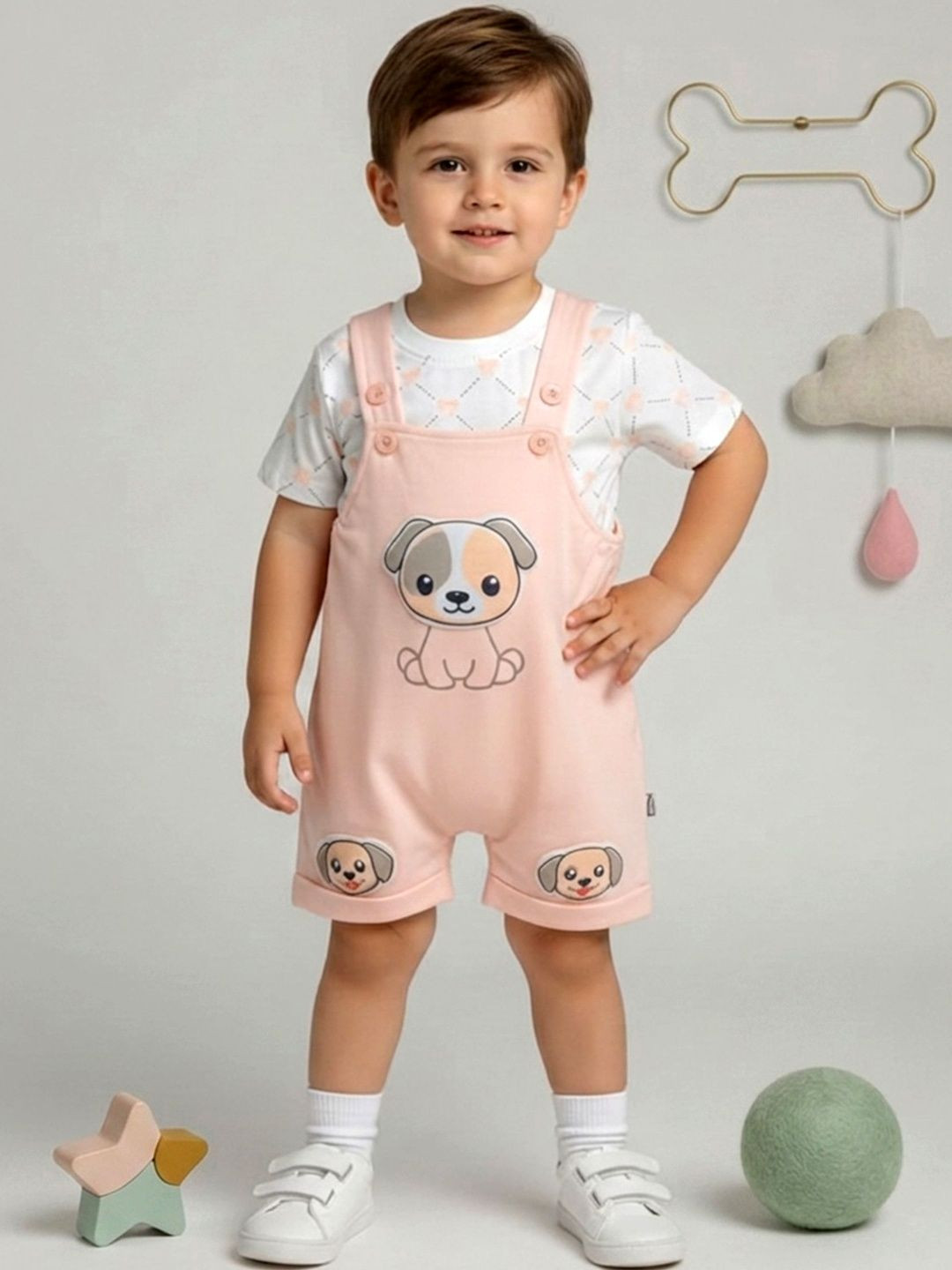 KINDLE Boys Boys Printed Straight Leg Short Dungarees With T-Shirt