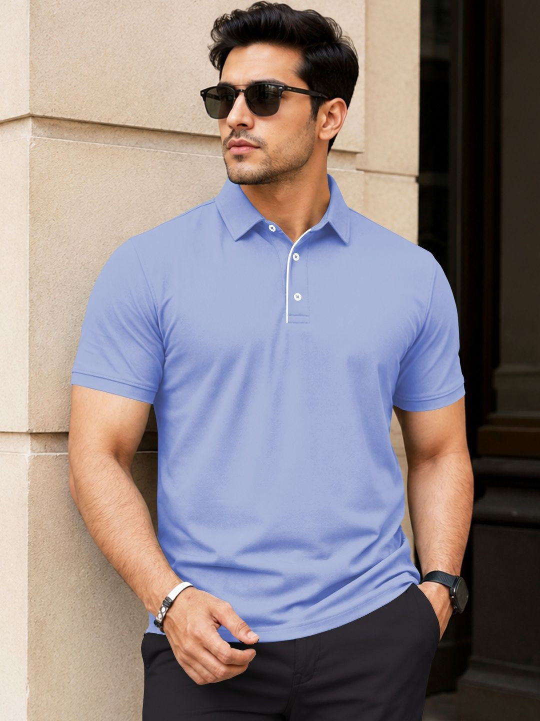 VeBNoR Men Solid Polo Collar Short Sleeves Slim Fit Casual T-shirt
